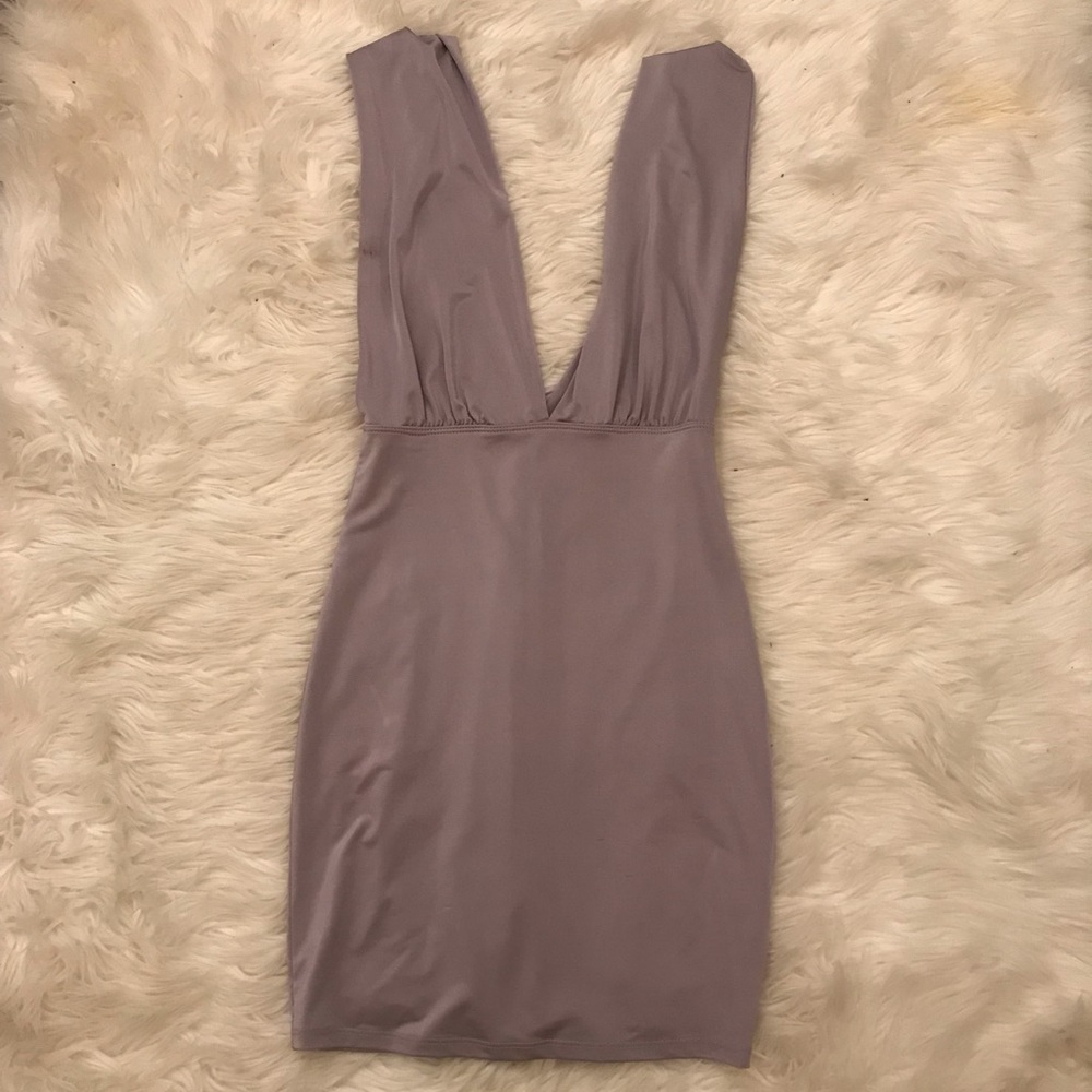 Lavender slinky low cut mini dress